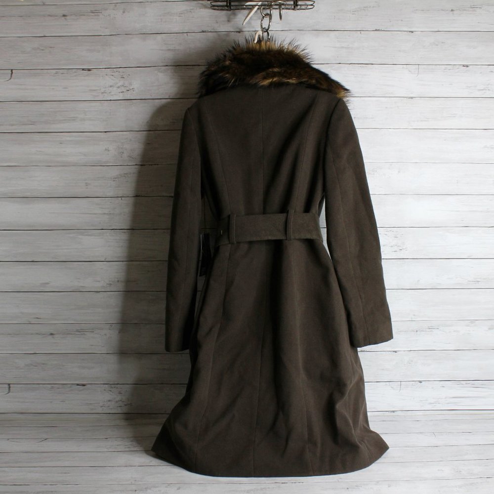 JLO Women's Long Brown Winter Coat Size S Belted Faux Fur Collar - Picture 4 of 6
